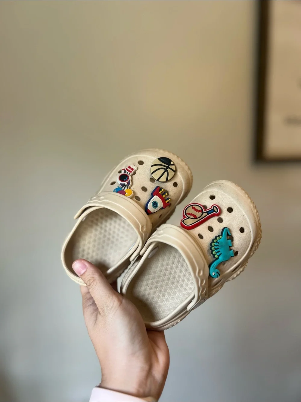 Kids Beige Clog Shoes with Fun Charms Toddler Size 8